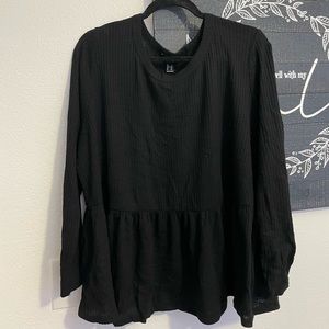 Plus Size Black Waffle Long Sleeve Peplum Top